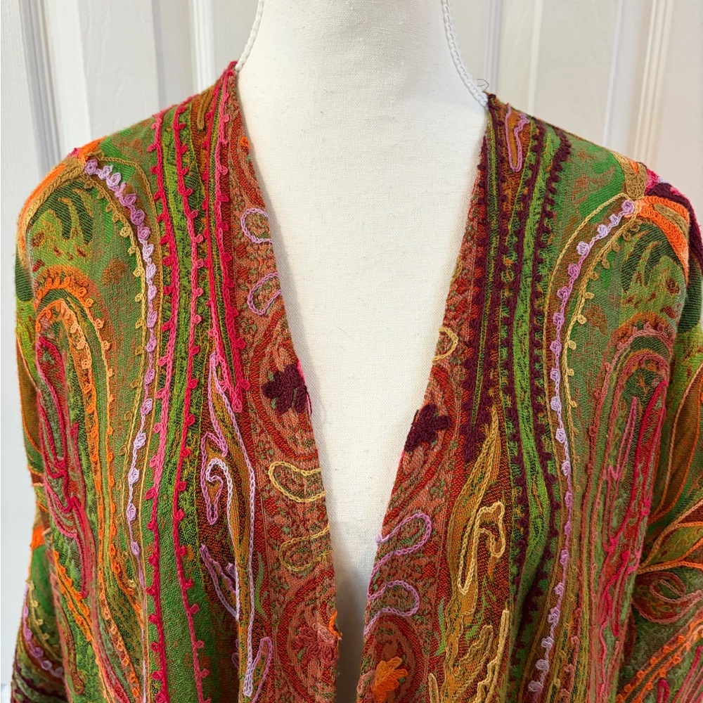 Soft Surroundings Green, Orange, Red and Pink Oasis Wool Open Kimono Size L/XL - Picture 2 of 8